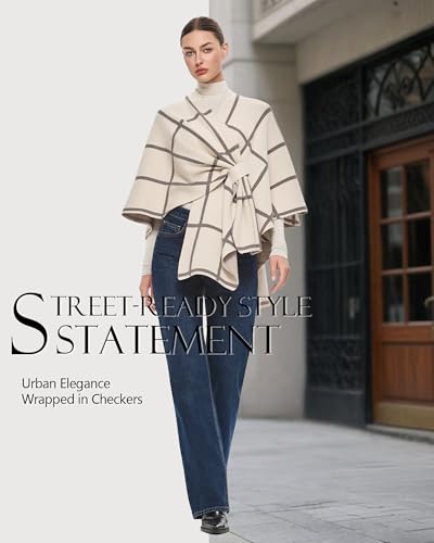 PULI Women's Elegant Shawl Wraps Soft Open Front Poncho Sweater for Spring Fall Winter - color: Classic Check-cream and Oatmeal