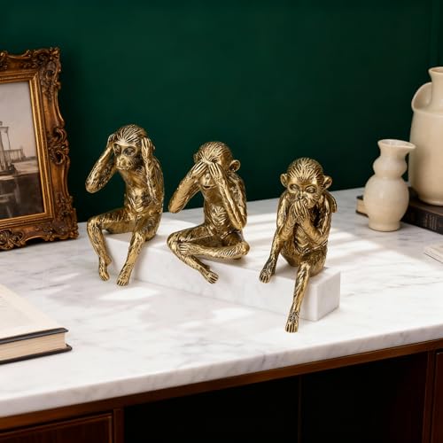 DOVDOV Three Wise Monkeys Statue Set: Hear No Evil, See No Evil, Speak No Evil Monkey Sculpture Gold Home Decor for Bookshelves, Offices, Living Room Coffee Tables, and Partition Decor Small Figurine