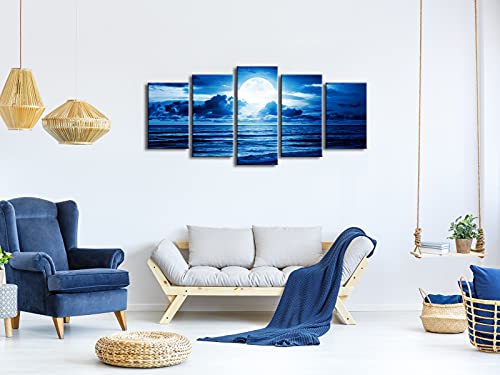 Pyradecor Blue Clouds Canvas Prints Wall Art Moon Sea Beach Pictures Paintings Ready to Hang for Living Room Bedroom Home Decor Modern 5 Piece Stretched Landscape Artwork - size: 10x16inchx2pcs,10x20inchx2pcs,10x24inchx1pc