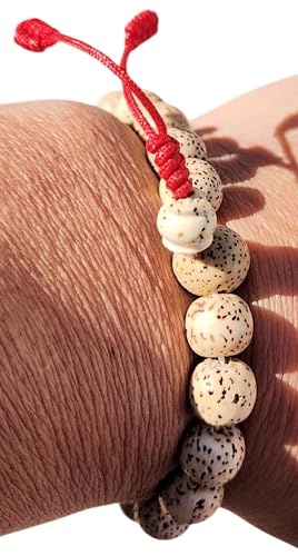 Handcrafted Lotus Seed Prayer Bead Bracelet, Traditional Himalayan Mala, Red Tassel, Natural Speckled Beads