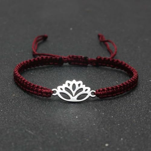 Lotus Symbol Bracelet for Women - Adjustable Cord, Silver Pendant, Spiritual Jewelry Gift - style: Garnet Red