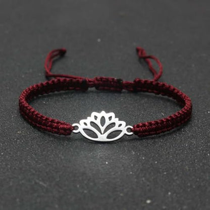Lotus Symbol Bracelet for Women - Adjustable Cord, Silver Pendant, Spiritual Jewelry Gift - style: Garnet Red