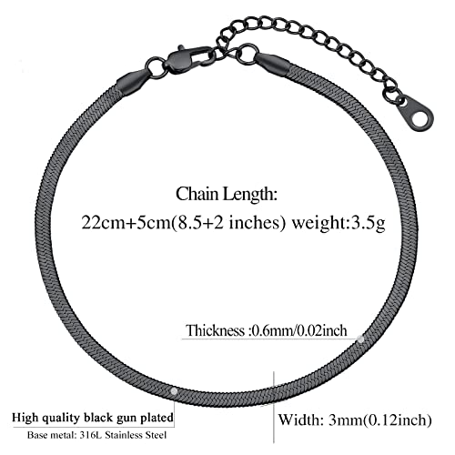 FindChic Elegant Herringbone Snake Chain Anklets/Bracelets 3MM/5MM Width Stainless Steel/18K Gold/Rose Gold Plated/Black 4 Color Options, 8.3'' 8.5'' 10.5'' Length, with Gift Box - color: A: 3mm 8.5'' anklet (Black)