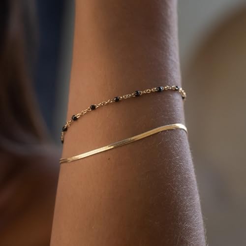 Made by Nami Dainty Gold Link Bracelets for Women Adjustable Double Layered Gold Chain Bracelet with Colorful Beads 7.5" + 2" Chain Extension - color: Black