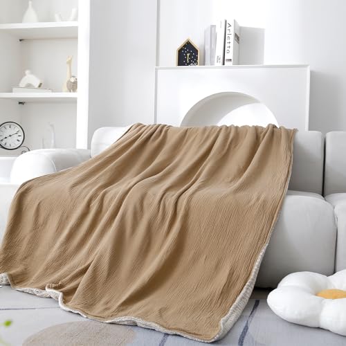 Muslin Cotton Throw Blanket with Flannel for Bed,Super Soft Muslin Blanket with Cozy Flannel for Adults 55 * 72inches,Coffee - color: Coffee