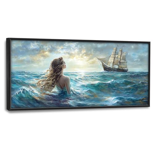 Mermaid Large Wall Art Ocean Mermaid Boat Pictures Wall Decor Nautical Canvas Seascape Print Painting Modern Artwork Home Decoration for Living Room Bathroom Bedroom Office Framed 60"x30" - color: Mermaid Boat, size: 60"L x 30"W