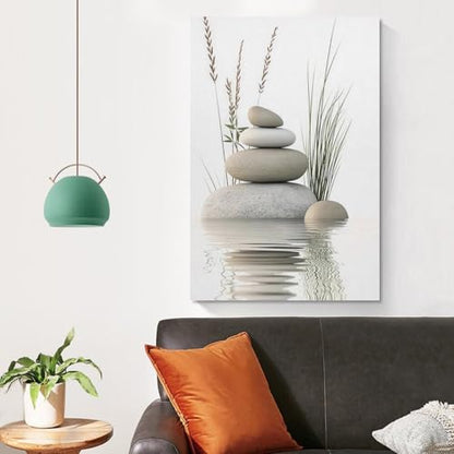 Zen Stone Canvas Wall Art Stacked Stones in Water Poster Tranquil Wild Grass Painting Picture for Spa Yoga Meditation Room Bathroom Wall Decor Unframe-style 16x24inch(40x60cm)