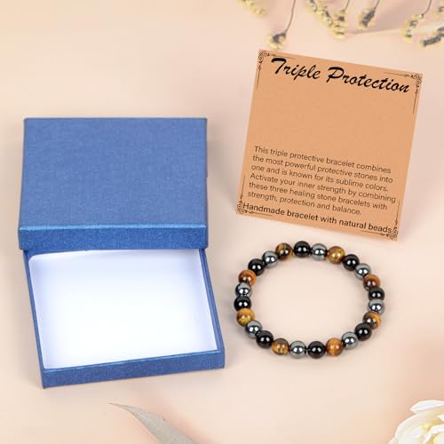 LPBeads Handmade Natural Gemstone Stretch Elastic Bracelet Healing Crystal Round Stone Beads Jewelry Gifts for Women Men - color: Onyx Tiger Hematite Mixed, size: 8mm