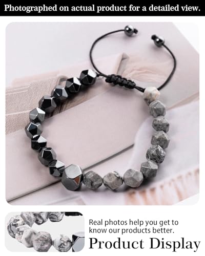 Beaded Bracelet for Men, 10mm Natural Stones Bracelet for Men's Gift, Adjustable Precision-Cut Gemstone Crystal Healing Bracelet, Protection Jewelry Gift with Hematite, Tiger Eye - style: Map Stone & Hematite