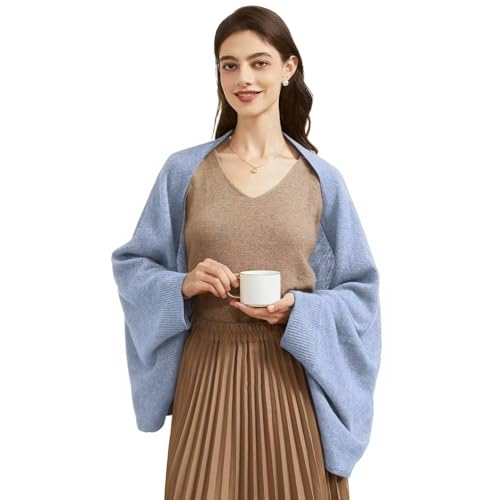 Huralona Women's Open Front Wool Shawl Wrap Scarf with Sleeves Outer Warm Knitted Poncho Cape Fall Winter - color: Blue