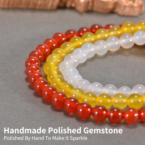 3PCS Agate Bracelet for Women Men Natural Round Beaded Agates Stone Healing Stretch Bracelets Elastic Handmade Polished Gemstone Beads Bracelet - color: White+Yellow+Red