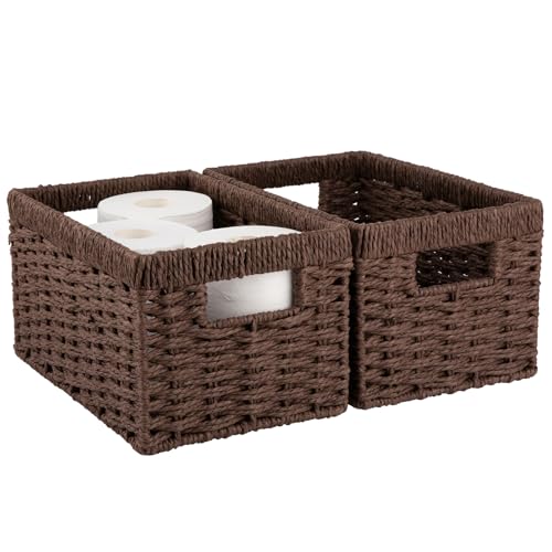 OIAHOMY Wicker Baskets, Paper Rope Storage Baskets for Organizing with Built-in Handles, 2 Packs-Brown