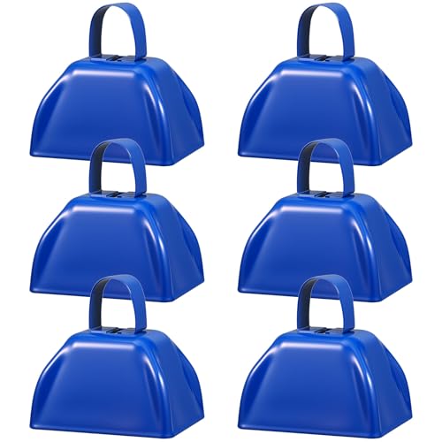 6 Pcs 3 Inch Metal Cowbells Noise Maker Hand Percussion Cow Bells with Handles for Sporting Events Cheering Noisemakers Weddings Team Spirit Sports Party Favors (Blue) - color: Blue