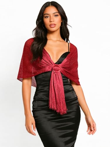 Sumolux Shawls Wraps for Evening Dresses Metallic Glitter Shawls Scarf for Women Sparkling Wedding with Free Buckle - color: Wine Red