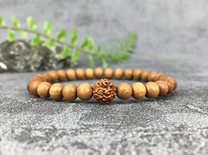 Sandalwood Bracelet for Women Men Buddhist Prayer Strand Chandan Bracelet Handmade Stretchable Elastic Sandalwood Beaded Wristbands for Yoga Meditation - style: 6mm Beads + Rudraksha
