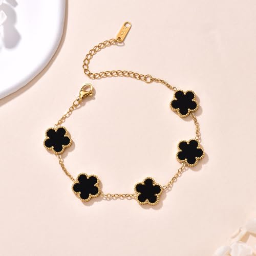 FLY FEI 18K Gold-Plated Four Leaf Clover Bracelet for Women,Adjustable lucky Bracelet Set Jewelry Gift-Hypoallergenic Charm for Birthdays, Wellness & Daily Wear - color: style03-Black+White(2pcs)