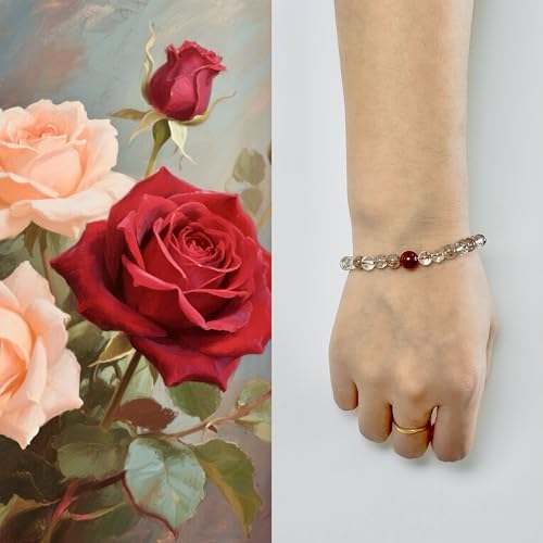 Birth Flower Crystal Bracelets for Women, Handmade Natural Gemstone Stretch Jewelry with Healing & Positive Energy - color: Jun. Rose & Quartz（2）