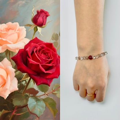 Birth Flower Crystal Bracelets for Women, Handmade Natural Gemstone Stretch Jewelry with Healing & Positive Energy - color: Jun. Rose & Quartz（2）