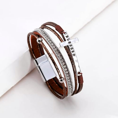 Fesciory Leopard Bracelet for Women, Boho Leather Wrap Multi-Layer Pearl Crystal Bracelet Bangle Jewelry - style: Blessed Cross(Brown)