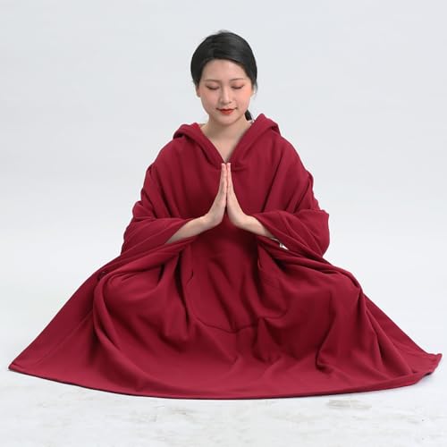 Unisex Meditation Buddhist Cloak Autumn Winter Warm Hooded Oversize Coat - color: Wine Red, size: X-Large