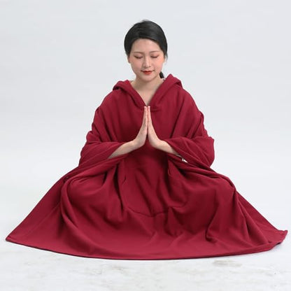 Unisex Meditation Buddhist Cloak Autumn Winter Warm Hooded Oversize Coat - color: Wine Red, size: X-Large