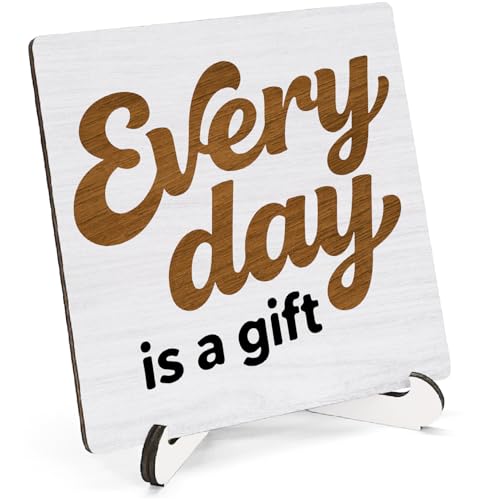 Rustic Inspirational Wooden Stand Sign 5x5 Inch, Every Day Is a Gift Positive Affirmation Wood Plaque Sign for Home Office Desk Table Shelf Counter Decorations - color: Gift Positive
