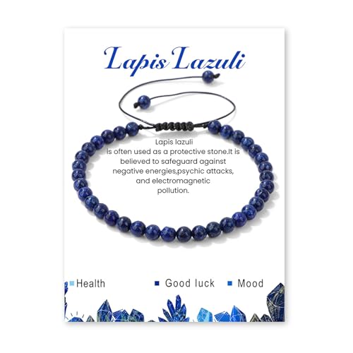 Crystal Bracelet for Women 4mm Adjustable Braided Natural Stone Bracelets Handmade Beaded Bracelets Gemstone Bracelet Healing Crystal Bracelet Crystal Jewelry for Women - style: lapis lazuli