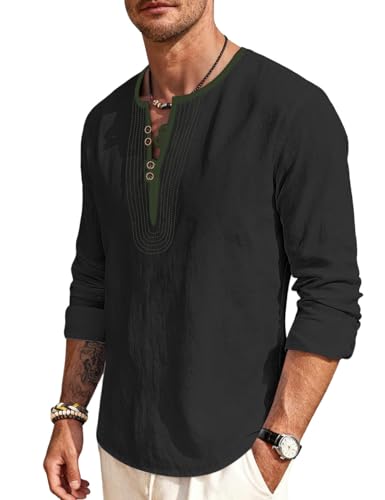 Mens Linen Shirts Henley T-Shirts Long Sleeve Tops Casual Beach T-Shirts Yoga Shirts for Men - color: Black, size: Medium