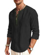 Mens Linen Shirts Henley T-Shirts Long Sleeve Tops Casual Beach T-Shirts Yoga Shirts for Men - color: Black, size: Large