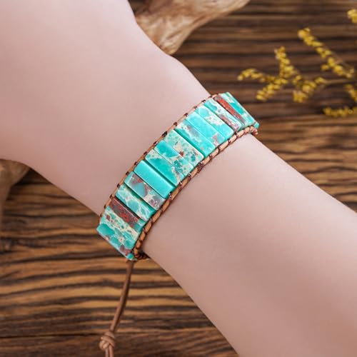 Women Boho Handmade Natural Stone Crystal Leather Bead Wrap Bracelets Collection - style: Blue Agalmatolite 1W
