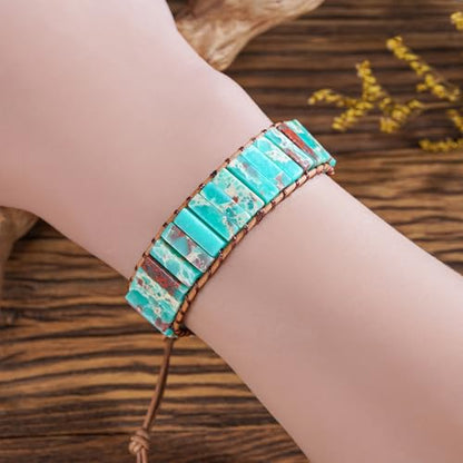 Women Boho Handmade Natural Stone Crystal Leather Bead Wrap Bracelets Collection - style: Blue Agalmatolite 1W