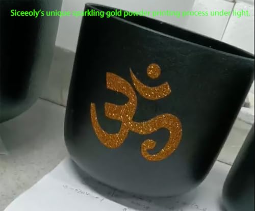 7-12 inch 432HZ Gold Powder Printing Black Chakra Crystal Singing Bowls Set of 7 Meditation Bowl Frosted Healing Quartz Bowls with 2 Travel Carry Case Bag 2 Mallet Suede 2 Strikers 7 O-rings