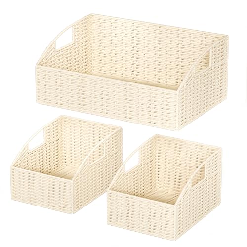 Rattan Storage Baskets, Handwoven Wicker Storage Bins with Built-in Handles, Storage Container Baskets for Shelves, Bedroom, Bathroom, Laundry Room or Kitchen(Beige) - color: Cream