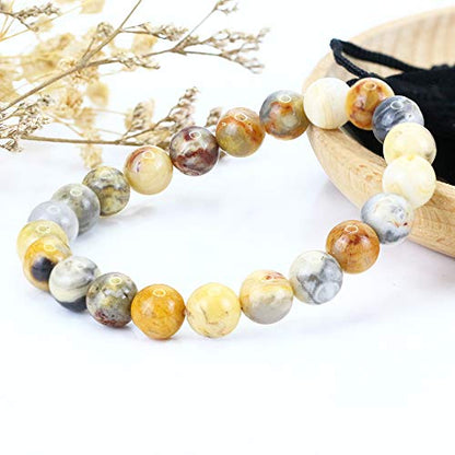 Natural Gemstones Bracelet 8mm Chakra Round Beads Energy Power Crystal Reiki Healing Elastic Stretch 7 Inch for Women Men Unisex - color: Crazy Agate