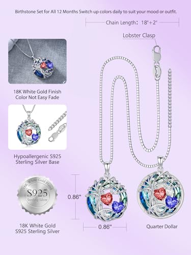 TOUPOP s925 Sterling Silver Family Celtic Tree of Life Pendant Necklaces with 2 Heart Birthstone with Blue Austrian Crystal Jewelry Birthday Valentines Day Gifts for Her, Anniversary Christmas Gifts for Wife Girlfriend Mom (18K Real White Gold Filled) - c