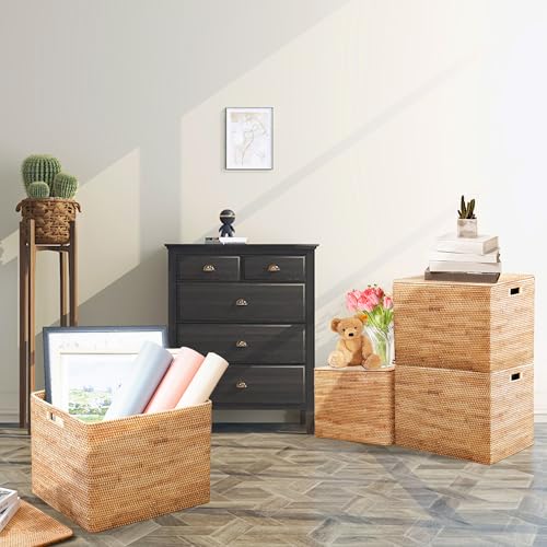Rattan Basket With Lid, Large Lidded Basket For Storage, Rattan Box(22.8" L×19.7" W×17.7" H) - size: 22.8" ×19.7"×17.7"