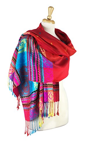 PASKMLNA Double Side Multi Colors Silky Tropical Colorful Exotic Pashmina Wrap Shawl Scarf Rave - color: #1red