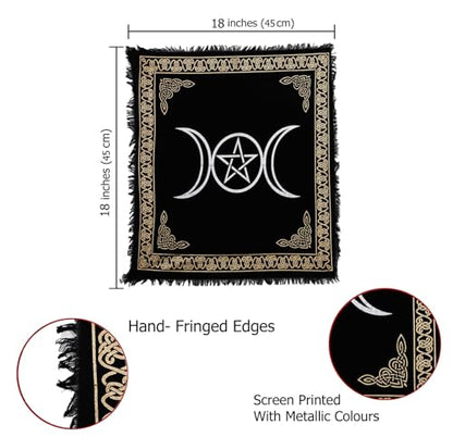 Indian Consigners Altar Cloth Triple Moon Pentagram Witchcraft Alter Tarot Spread Top Wiccan Square Spiritual 18 by 18 Sacred Cloth (Triple Moon Pentagram Gold Silver) - size: 18" x 18" (Square)