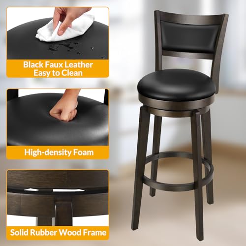 PrimeZone Swivel Bar Stools Set of 2, 32 Inch Tall Bar Height Barstools, Black Faux Leather Bar Stool with High Backrest & Solid Wood Legs & Wrap-Around Footrest, Counter Stools for Pub - size: 32" Tall Bar Height