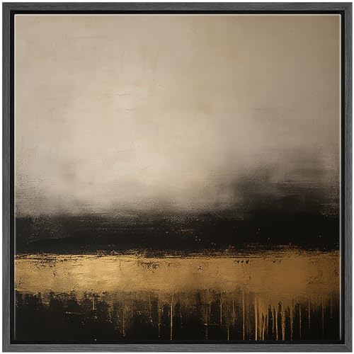 SIGNWIN Framed Canvas Print Wall Art Golden Horizon Black, Beige, and Metallic Gold Abstract Landscape Illustration Modern Art Decorative Calm/Zen for Living Room, Bedroom, Office - 16"x16" Black - color: B22-2508-edw12, size: 16"L x 16"W