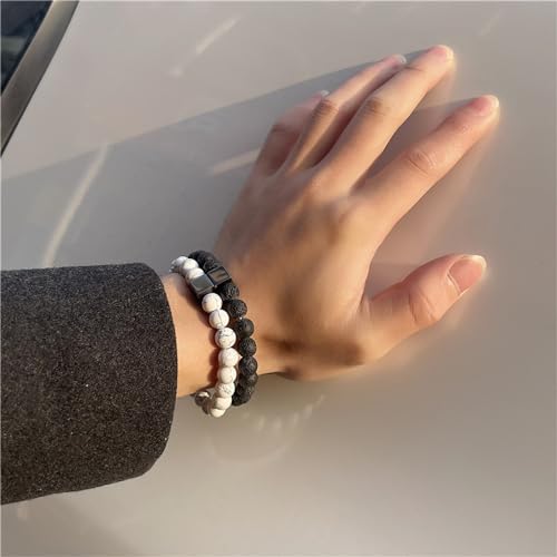 2Pcs Matte Lava Rock Volcanic Stone Beads Stretch Bracelet Stacking Frosted Gemstone Turquoise Seed Bracelet for Men Women Couple Stress Relief Aromatherapy Jewelry Gift - color: P bead