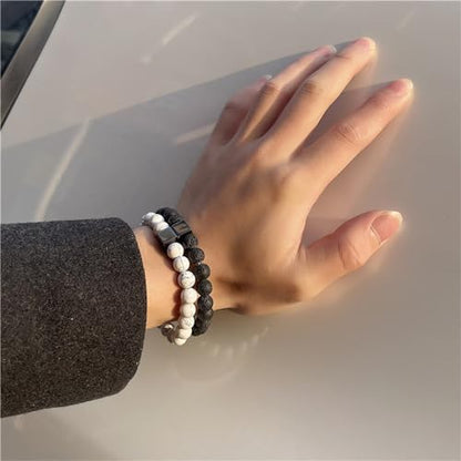 2Pcs Matte Lava Rock Volcanic Stone Beads Stretch Bracelet Stacking Frosted Gemstone Turquoise Seed Bracelet for Men Women Couple Stress Relief Aromatherapy Jewelry Gift - color: P bead