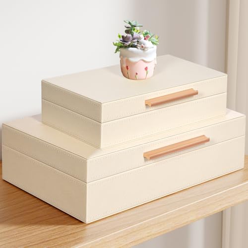 Decorative Box, Decorative Boxes with Lids 2-Set, Memory Box for Keepsakes, Beautiful PU Leather Decorative Storage Boxes in Style, Decor Box with Rose Metal Handle, Store Photos, Documents Beige - color: Beige