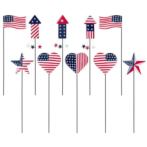 hogardeck 4th of July Decorations Outdoor, 10 PCS Metal Patriot Star Firework Decorative Garden Stakes for Fourth of July Decorations, Patriotic Yard Signs for Garden, Porch, Patio, Flower Beds - color: color d