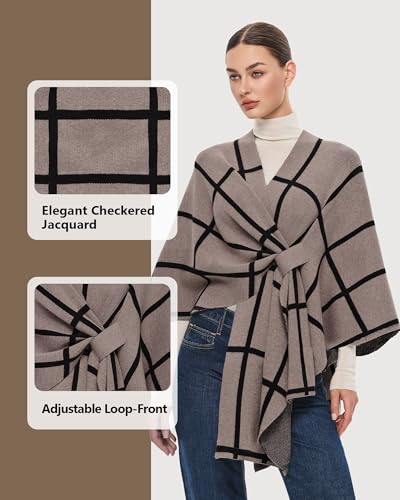 PULI Women's Elegant Shawl Wraps Soft Open Front Poncho Sweater for Spring Fall Winter - color: Classic Check-tan and Black