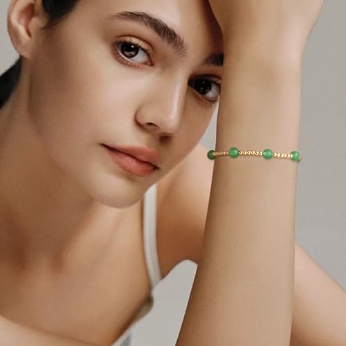 Gold Beaded Stack Bracelets for Women, Handmade Colorful Natural Beads Stackable Stretch Bracelet Everyday Fashion Jewelry Gift. - color: green gold