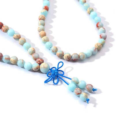108 Mala Prayer Beads Bracelet 6mm Genuine Gemstone Healing Crystal Stone Beaded Bracelet Buddhist Tibetan Handmade Knotted Elastic Necklace for Yoga Meditation Unisex Women Men - color: Blue Imperial Jasper