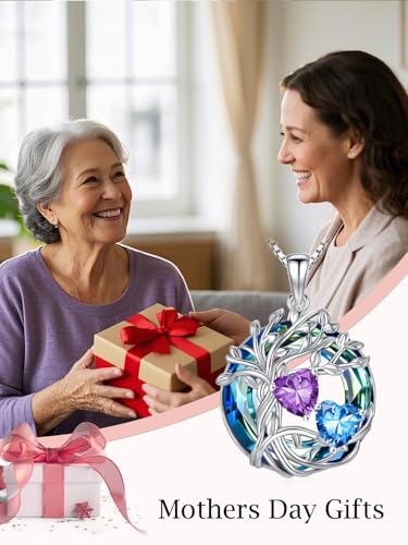 TOUPOP s925 Sterling Silver Family Celtic Tree of Life Pendant Necklaces with 2 Heart Birthstone with Blue Austrian Crystal Jewelry Birthday Valentines Day Gifts for Her, Anniversary Christmas Gifts for Wife Girlfriend Mom (18K Real White Gold Filled) - c