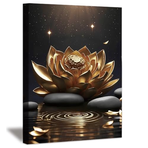 QPOKLAF Zen Wall Art Canvas Prints Bathroom Lotus Wall Decor Black And Gold Floral Art Posters Living Room Aesthetics Decorations 12"x16" - color: Framed-Gold Lotus Zen Wall Art