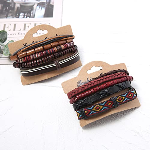 HZMAN Wrap Bracelets Men Women, Hemp Cords Wood Beads Ethnic Tribal Bracelets, Leather Wristbands - style: 2Pcs Leather Bracelets